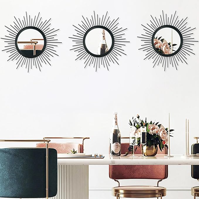 3 Pack Metal Mirrors for Wall Sunburst Wall Mirrors Home Décor Decorative Hanging Wall Art for Living Room Bedroom Entryway (Black, Sunburst)