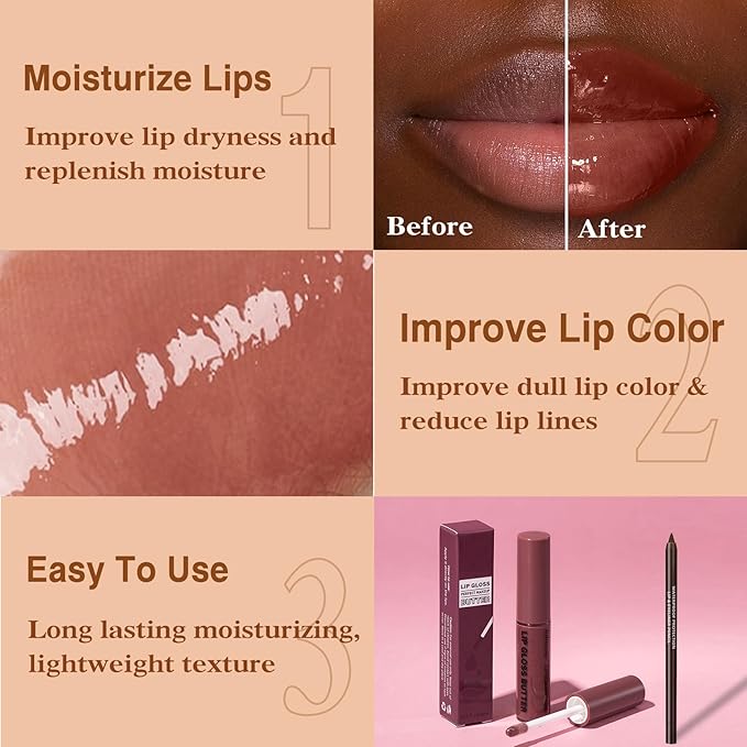 2 Colors Nourishing Lip Gloss & Liner Combo, Non-Sticky Lip Plumper with Natural Nude Tinted Lip Oil, Moisturizing Lightweight Lip Kit for Women, Long Wear Shiny Lip Gloss with Lip Liner Set