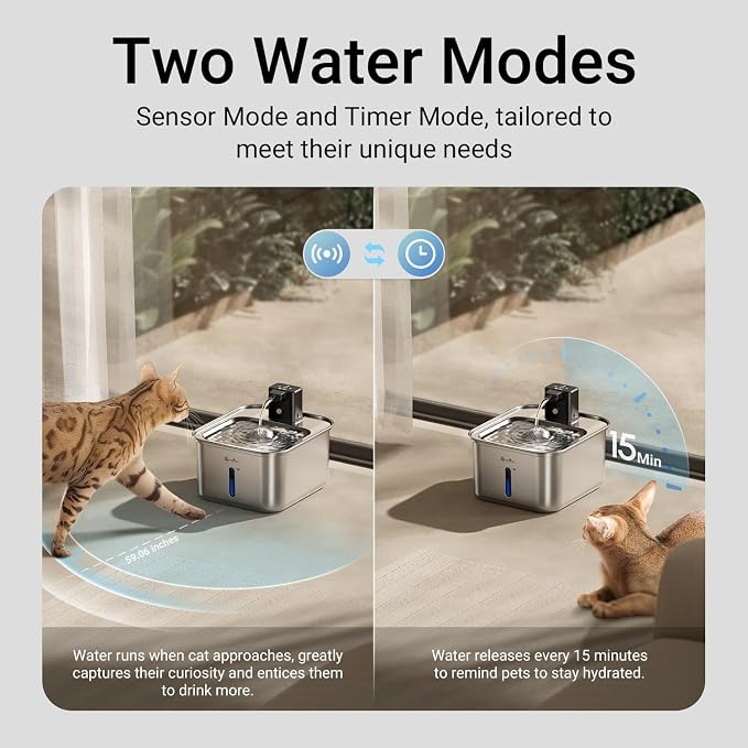 DownyPaws Cat Water Fountain Stainless Steel Wireless, Metal & 6 Filters | Cordless Battery Operated Pet Water Automatic Fountain, 101 Oz/3L Water Fountain for Cats Drinking with Motion Sensor