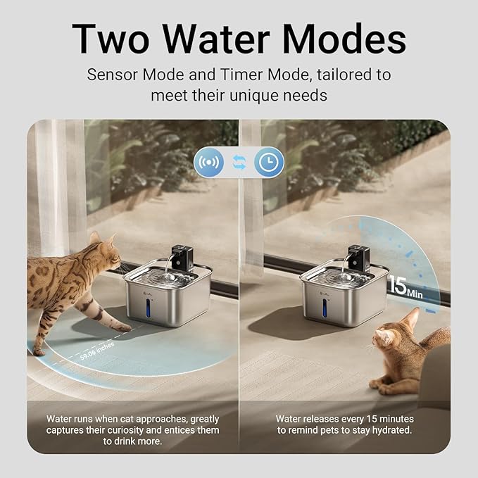 DownyPaws Cat Water Fountain Stainless Steel Wireless Automatic, Metal | Cordless Battery Operated Pet Water Fountain, 101 Oz/3L Water Fountain for Cats Drinking with Motion Sensor