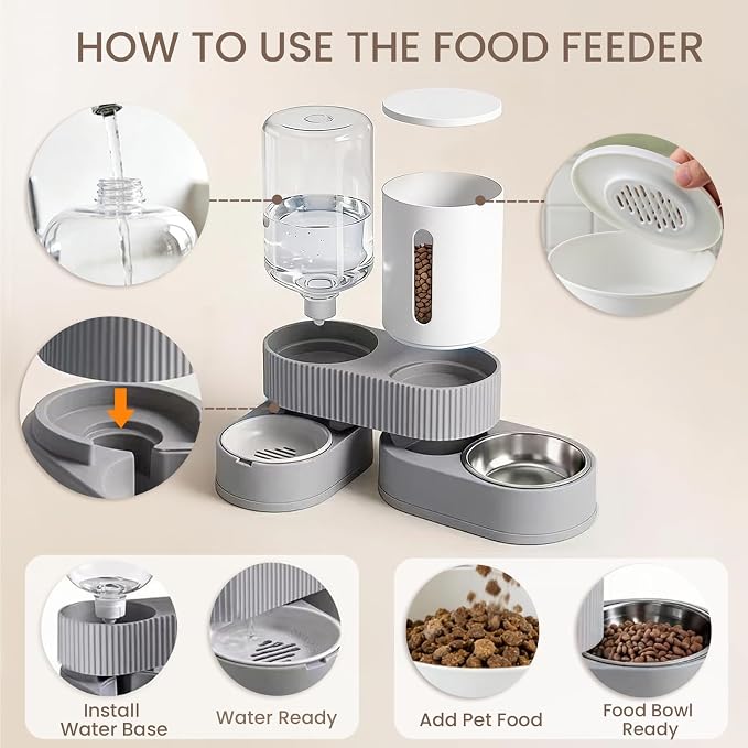 Gravity Cat Feeder 2 Pack Automatic Food Feeder and Water Dispenser Set Detachable Pet Bowl with Silicone Mat and Brush for Cats Small Medium Dogs, Large Capacity(Grey)