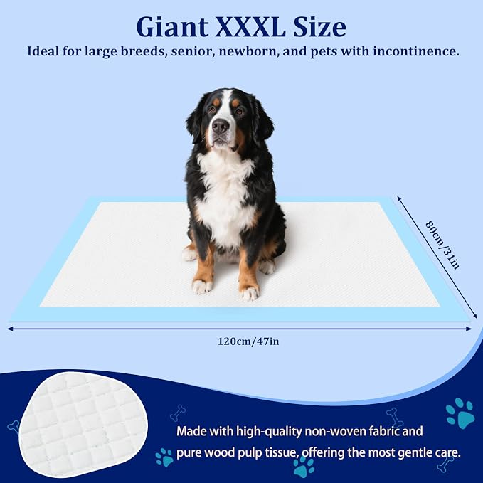 Ownpets XXXXL Dog Pee Pads 47x31 in, 6-Layer Leak-Proof for Large Pets | 20 Count, Quick-Dry, for Puppies Cats Rabbits, Extra Large Training Pads