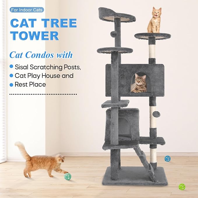 FDW | 54" Cat Tree Tower | Light Gray | Multi-Level Indoor Activity Center | with Sisal Scratching Posts, Condos, Plush Perches, Hanging Cat Toys | Sturdy, Easy to Assemble | for Kittens & Adult Cats
