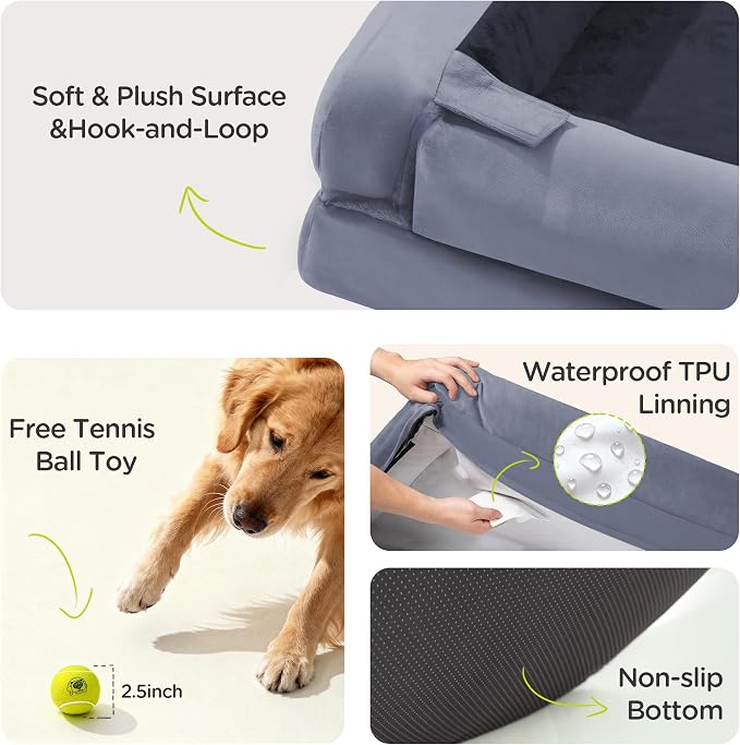 Waterproof Orthopedic Dog Bed for Extra Large Sized Dogs | Memory Foam Pet Bed Sofa with Bolster, Dog Couch with Washable Cover & Non-Slip Bottom, 42x30 Inch, Dark Grey