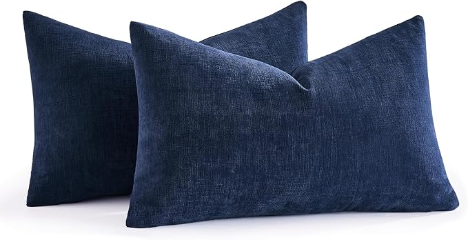 MIULEE Navy Chenille Couch Lumbar Throw Pillow Covers, 12x20 | Set of 2, Soft Coastal Home Decor, Modern Farmhouse Decorative Pillowcases for Sofa Living Room Bed