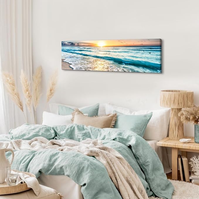 Sunrise Ocean Beach Canvas Wall Art Coastal Room Decor Nature Pictures for Wall Nautical Bathroom Living Room, Sea Waves Landscape Painting Tropical Seascape Poster Prints Artwork Decorations 14x48”