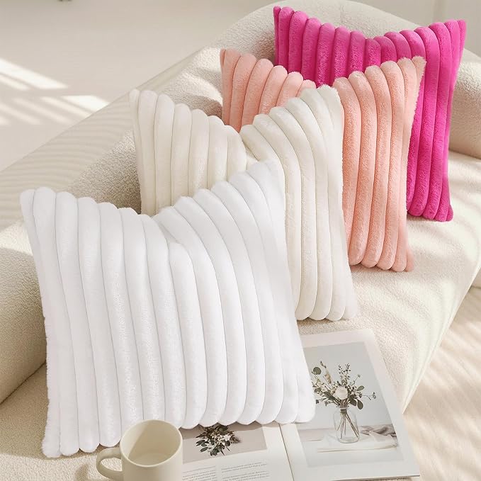 decorUhome Fall Faux Fur Throw Pillow Covers 26x26 Set of 2 Blush Pink | Decorative Soft Cozy Striped Plush Modern Farmhouse Boho Couch Pillow Cases Velvet Back for Sofa Bed Living Room Home Decor