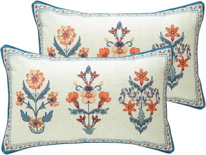 Linen Rectangle Throw Pillow Cover,Set of 2,20"x12"-Floralsea A | Designer French Elegant Pillow Cover,Concealed Zipper Design,Sofa,Bedroom,Living Room,Lounge Chairs,All Season Home Decor
