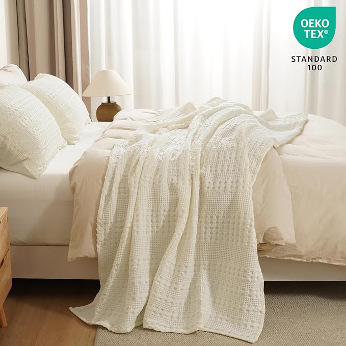 PHF 100% Cotton Waffle Weave Throw Blanket, Lightweight Breathable Summer Blanket for Couch Sofa, Pre-Washed Soft Throws for Bed, Office, Travel & Stylish Home Decor, 50"x60", Cannoli Cream