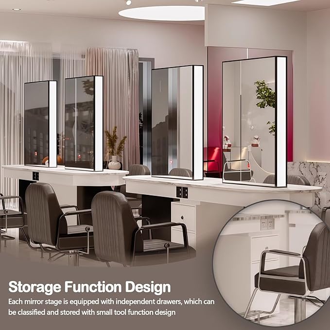 4-Person Salon Station for Hair Stylist with Sleek Modern Glossy Black Design, Barber Station includes LED Mirror, Spacious Countertop, Drawer & Cabinet