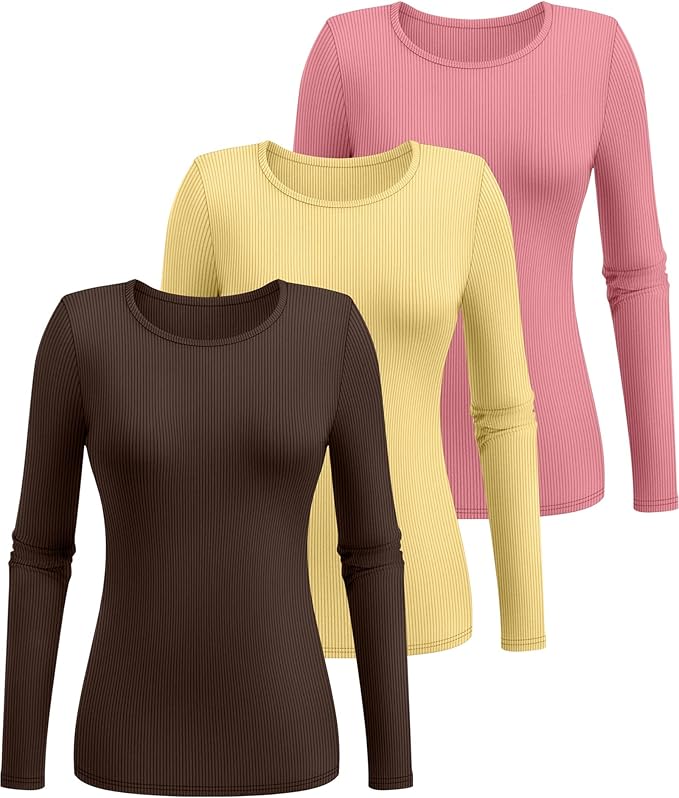 Ficerd 3 Pack Women's Ribbed Long Sleeve Tops, Crew Neck Slim Fit Undershirts Knit Basic Casual Stretch Layering Tee Shirts