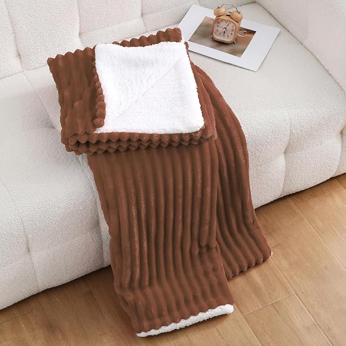 Chocolate Sherpa Fleece Throw Blanket 60”×80”for Couch Sofa Bed | Double Side Soft Fuzzy Cozy Plush Thick Flannel Blanket with Striped Design Gift for Adults,Woman