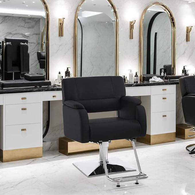 BarberPub Modern Salon Chair with Adjustable Height for Hairstylist, PVC Leather & 330lb Capacity for Home or Barbershop 8459 (Black)