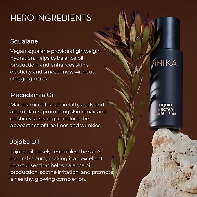 INIKA Organic Liquid Nectar Primer | 3 in 1 Skincare Makeup Hydrid to Prime, Nourish and Boost Glow. Silky Vegan Formula Instantly Smooths & Evens Skin Tone. 30mL