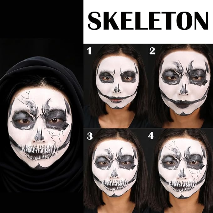 Skeleton Halloween Makeup Kit,Black White Light Gray Face Paint Kit,Water Based Light Grey Body Paint for Skull Zombie Makeup,SFX Face Painting Kit with Setting Powder for Adults & Kids