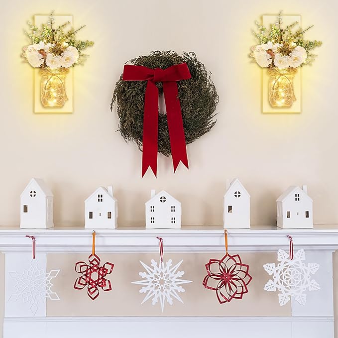 Rustic Wall Sconces Mason Jar Sconces Handmade Wall Art Hanging Design with Remote Control LED Fairy Lights and White Peony, Christmas Decor Gifts Farmhouse Home Decor Living Room Lights Set of Two