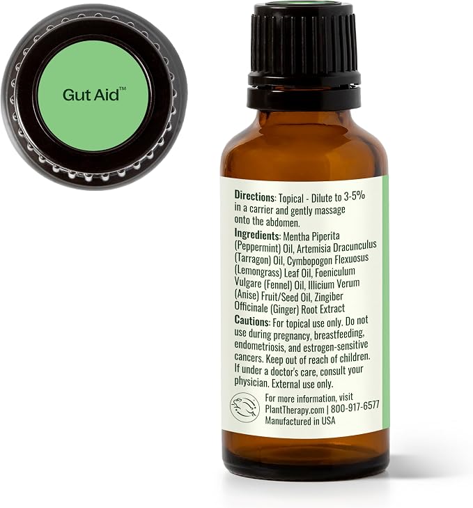 Plant Therapy Gut Aid Essential Oil Blend 30 mL (1 oz) 100% Pure, Undiluted, Natural Aromatherapy, Digestive Support for Motion Sickness, Gas, Bloating, and Indigestion