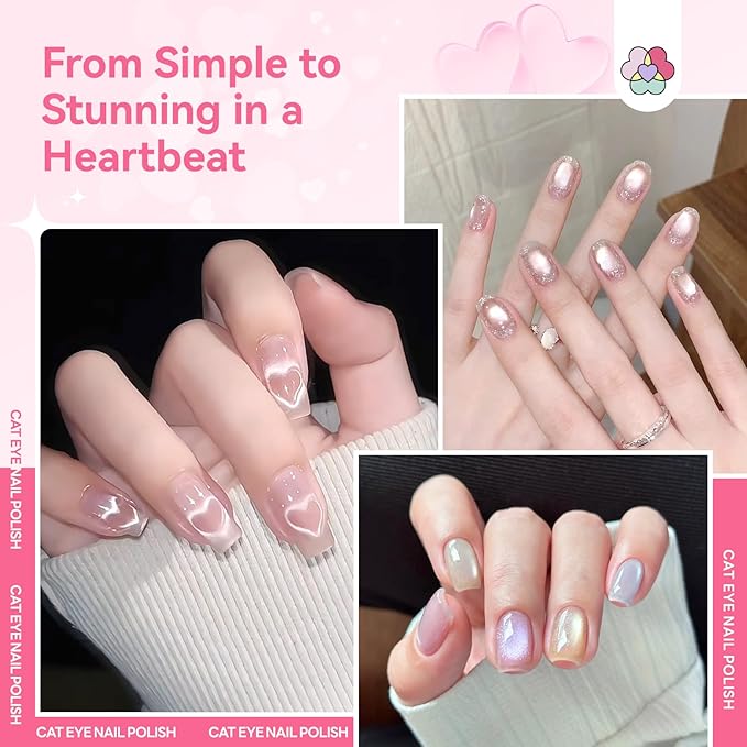 SAVILAND Valentine Nail Polish Set: Quick Dry 6 Colors Cat Eye Nail Polish Shimmer Romantic Pink Series Magnetic Cateye Fingernail Polish with Magnet Stick DIY Manicure Gift for Women Girls10ml