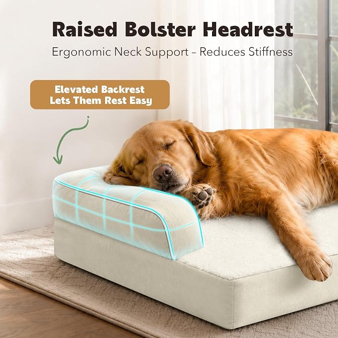 Orthopedic Waterproof Jumbo Dog Bed with Bolster for Extra Large Dogs | Pillow Support for Neck Relief, Egg Crate Foam, Waterproof Liner, Anti-Slip Bottom, Removable Bolster Cover, 53 x 42 Inch