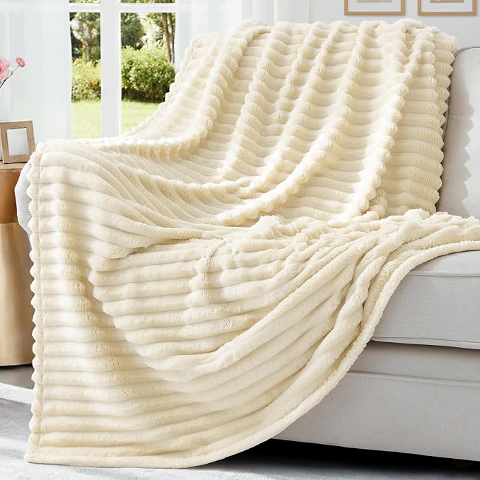 decorUhome Beige Fleece Twin Blanket 60x80 Inches | Soft Couch Cozy Fluffy Plush Flannel Striped Blanket for Sofa Bed, Lightweight Decorative Ribbed Fuzzy Blanket for Woman