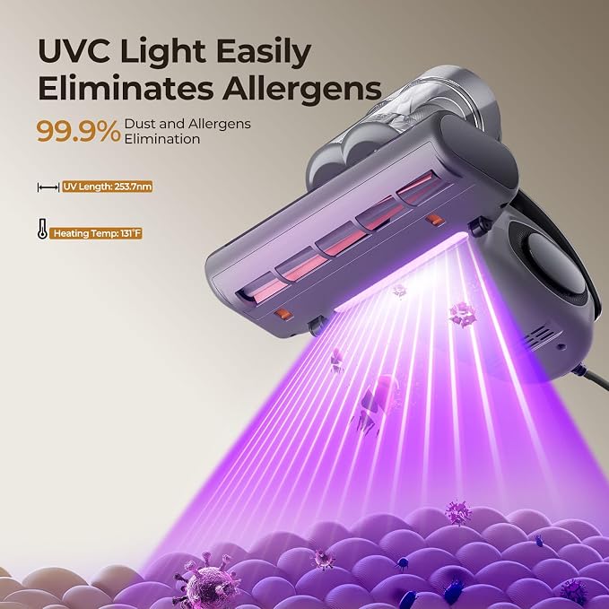 JIGOO J300 Bed Vacuum Cleaner, Dust Sensor, Pet Hair, UV and Heat, Corded | Deep-clean mattress vacuum cleaner, 500W motor, 13Kpa suction, UV-C light and 130°F heat for beds, sofas, Gray
