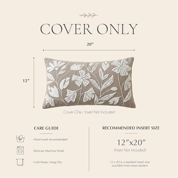Decorative Lumbar Pillow Cover 12x20, Light Taupe Accent Velvet Throw Pillowcase for Couch Sofa Living Room, Floral Tufted Rectangular Cushion, Cover Only