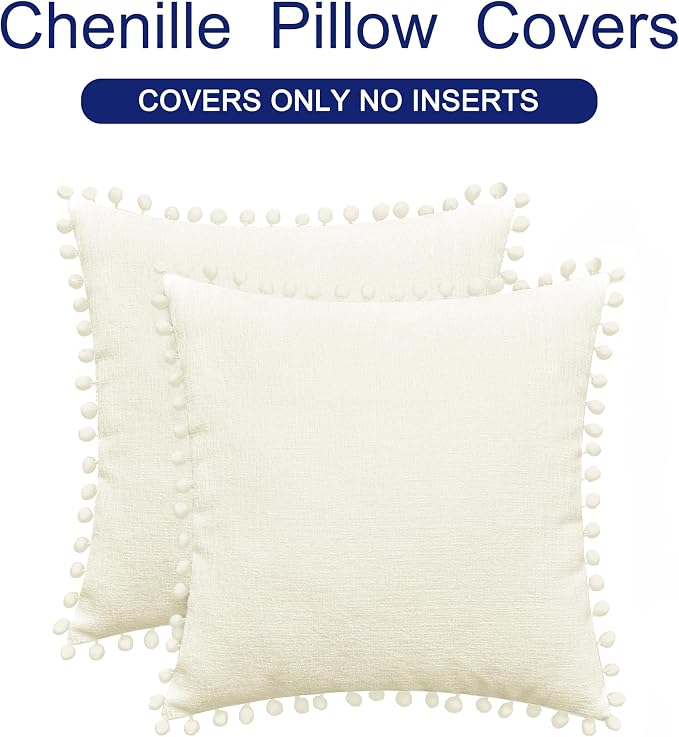 CaliTime Decorative Couch Throw Pillow Covers 18 X 18 Inches Cream | Pack of 2, Cozy Chenille Cushion Cases, with Pom Poms for Sofa Bed Living Room Farmhouse Home