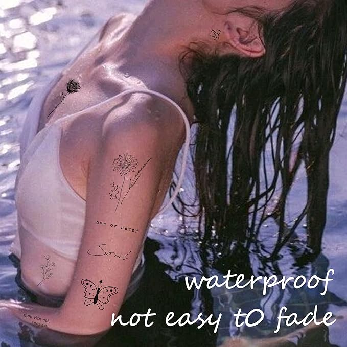Realistic Temporary Tattoos for Women - 60 Sheets Tiny Small Removable Adult Fake Tattoos,185 Pcs Minimalist Waterproof Inspirational Quotes Words Wild Flower Floral Bouquet Adults Tattoo Stickers