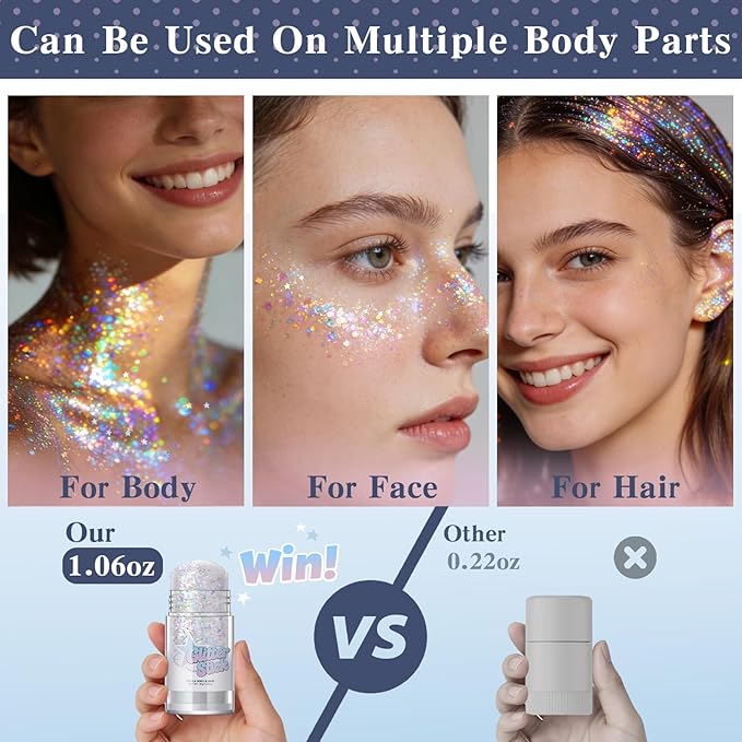 Dazzle White Body Glitter Stick, Holographic Fairy Costume Makeup Face Hair Glitter Stick Rave Outfits for Women, Shimmer Face Paint Singer Concert Festival Party Accessories, 1.06 OZ