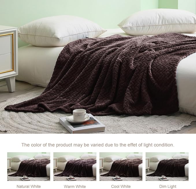 Exclusivo Mezcla Soft Fleece Bed Blanket King Size, 90”x104”, Coffee | Cozy Fluffy Lightweight Blankets for Summer, Decorative Plush Flannel Throws for Living room, Bedroom with Leaves Pattern