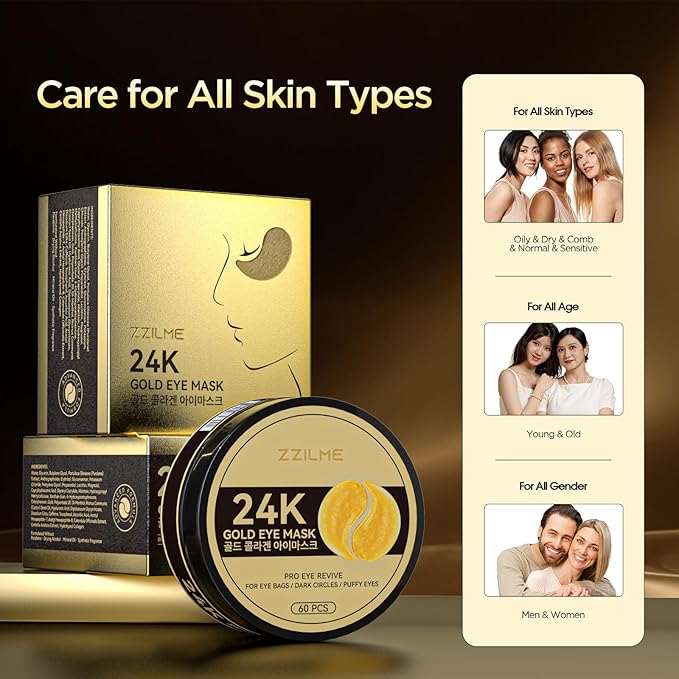 24k Gold Eye Patches - Firming, Glowing & Hydrating Hydrogel Mask for Puffy Eyes, Dark Circles, Wrinkles, Eye Bags Treatment, Fine Lines, Korean Skincare Gifts for Men and Women, 60Pcs