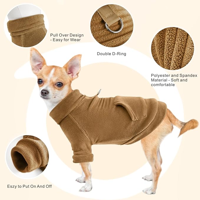 Idepet Fleece Sweater 2 Pack,Turtleneck Sweatshirt Pet Clothing | Winter Dog Clothes,Stretchy,Small Coat,Cat Apparel,with Leash Ring,for Small Medium Dogs Cats,with Pocket