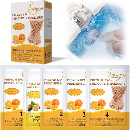 Epsom Salt Soak, Callus Remover Gel, Extreme Sugar Scrub, Collagen Mask & Shea Butter Lotion – Professional Spa Foot Care System 5 Step Luxury Pedicure Kit. Orange 09 Set