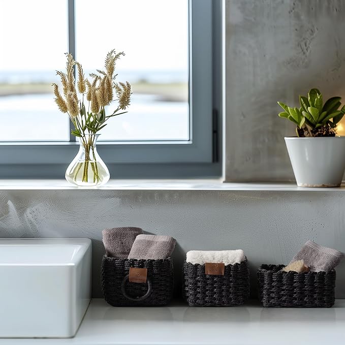 LA JOLIE MUSE Small Wicker Baskets for Organizing, Black 3 Pack | Decorative Organizer with Vegan Leather Tag, Round Handle, Storage Baskets for Shelves, Bedroom, Kitchen, Office and Home