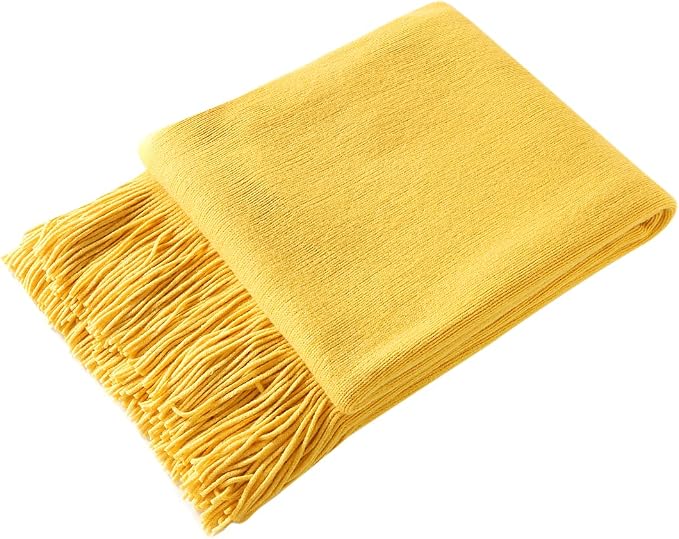 Homiest Yellow Knitted Throw Blanket with Fringe, 50x60 Inch | Pure Acrylic, Lightweight & Breathable, All-Season Use, Machine Washable, Wrinkle & Fade Resistant, for Couch Sofa And Bed