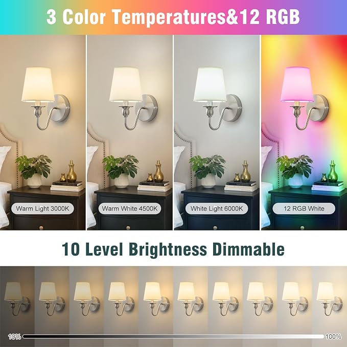 Battery Operated Wall Sconces set of Two,Rechargeable Wall Sconce with 1000mAh Dimmable Bulb and Remote,LED 15 Colors Wireless Battery Powered Wall Sconce with Fabric for Bedroom Living Room (Nickel)