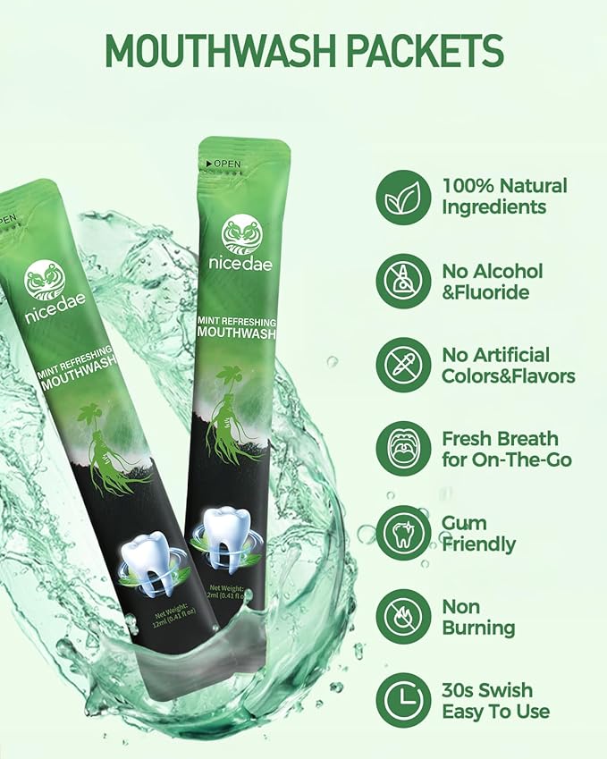 nicedae Travel Size Mouthwash Portable Packets Alcohol-Free & Fluoride-Free Fresh Mint Mouth Wash 30 Individual Wrapped Cruise Essentials