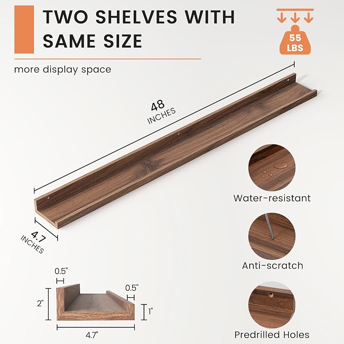 Picture Ledge Shelf, Floating Shelves for Wall, 48" W Set of 2, Walnut | FSC Certified Engineered Wood, Wall Mounted Bookshelf, for Nursery Living Room Bedroom, Pre-Drilled, Easy Install