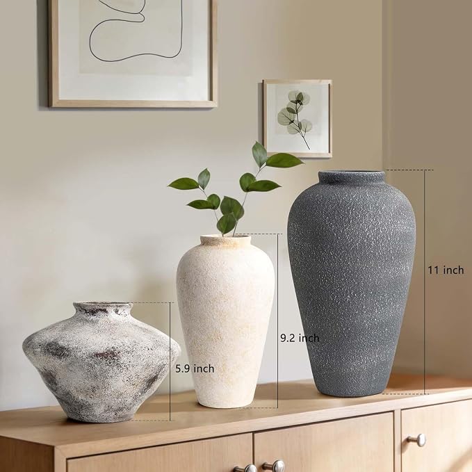 Large Ceramic Flower Vase 11 Inches, YBX Black Rustic Ceramic Vase, Decorative Farmhouse Tall Vase for Home Decor, Living Room, Bedroom, Centerpieces, Console, Wedding, Table Decorations, Black