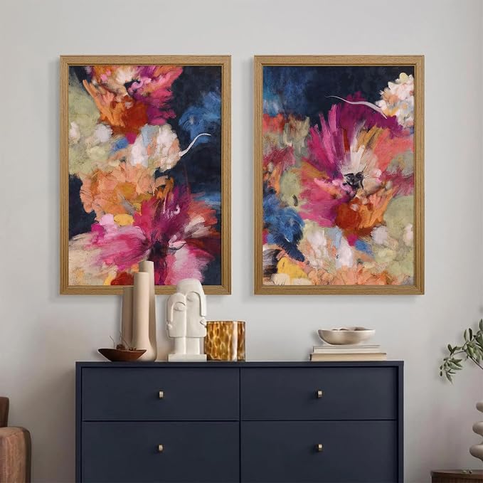 Colorful Abstract Wall Art Decor Modern Flower Canvas Wall Art Abstract Flower Pictures Painting Modern Colorful Artwork Posters Abstract Prints for Living Room Bedroom 24x36 Inch Framed Set of 2