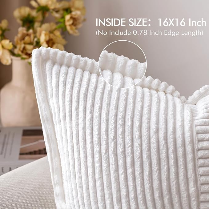 MIULEE Decorative Throw Pillow Covers for Couch 16x16 Inch White 2 Pack | Boho Broadside Striped Patchwork Pillow Covers, Soft Corduroy Cushion Cases, For Sofa Bed Livingroom Home Decor