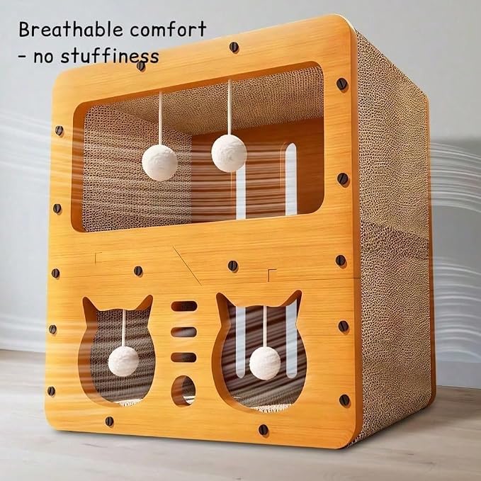 3-in-1 Scratcher Cat House – Save Your Furniture Combines Play Cave, Cozy Bed & Scratching Pad. Durable Cardboard, Reduces Stress. Ideal for Indoor Cats Who Love to Scratch, Play & Nap (MD-CAT2)