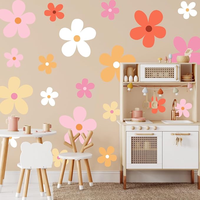 TaoBary 12 Sheet Daisy Wall Sticker Decal,Bright Color,Elegant Style | Big Flower Wall Sticker, Pink White Floral Decal, Daisy Bedroom Room Decor, Removable Peel and Stick, Nursery Home Wall Decor