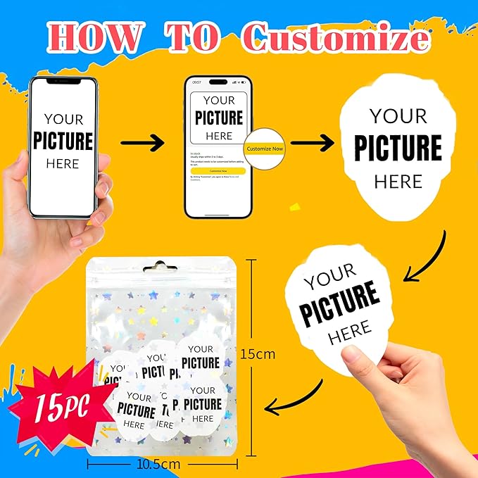 Easycosy Custom Temporary Tattoos with Photos, Personalized Funny Face Temporary Tattoos for Adult, Customize Photo Logo Party Favors Tattoos You Want, set of 15