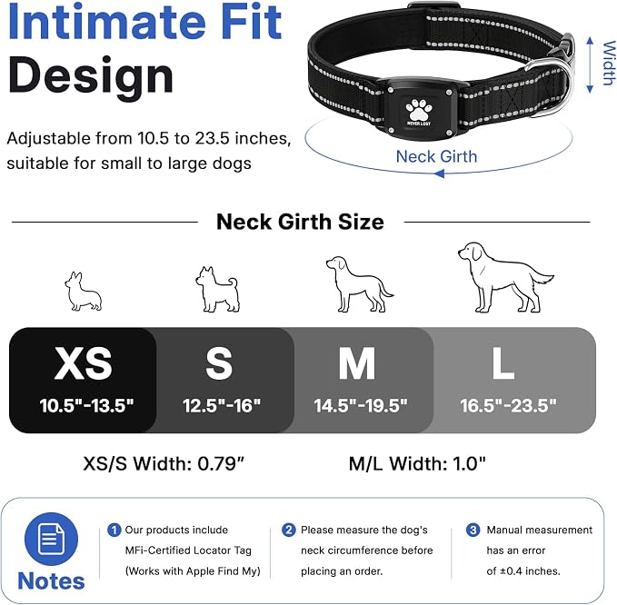 GPS Dog Collar with Tracker, Waterproof, No Monthly Fee, Black, L | Works with Apple Find My, iOS Only, MFi Certified, No SIM Card, for Large Dogs, Reflective Padded Nylon, Neck 16.5-23.5 in