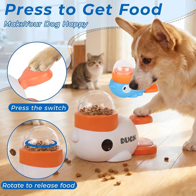Anxuyixin2-in-1 Duck Shaped Interactive pet Puzzle Toy, Slow Food Dispenser (White Duck and Blue Bird Shaped with Buttons), cat and Dog Snack Dispenser Feeding Toy