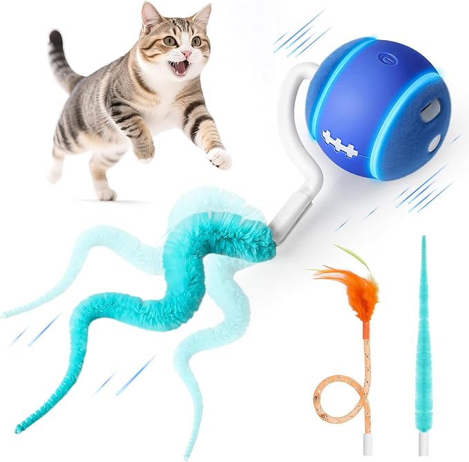 Interactive Cat Toy Ball for Indoor Cats with 3-Mode Touch Activated | Tangle-Free Tail, Rechargeable, 2 Tails, 6-8H Play Automatic Moving Cat Toy, Smart Rolling Ball for Indoor Cats to Chase Play