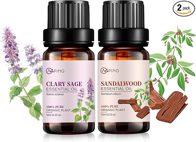 Sandalwood & Clary Sage Essential Oils - 100% Pure Organic Natural Plant Oils for Diffuser, Aroma, Spa, Massage, Yoga, Perfume, 2x10ML