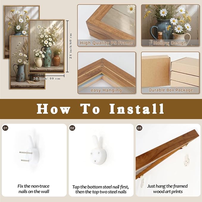 ANHUIB Vintage Wildflower Botanical Canvas Wall Art Framed Rustic Farmhouse Floral Pictures Wall Decor Country Daisy Painting 16x24 Inch Flower Set of 3 for Living Room Bedroom Office