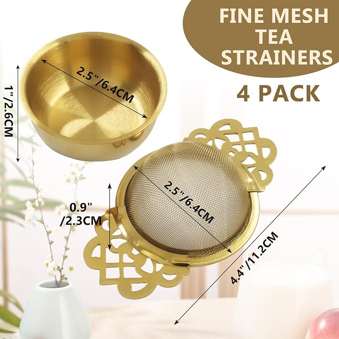 4 Pack Fine Mesh Tea Strainers with Drip Bowls, Stainless Steel Loose Leaf Tea Filter, Double Wing Handles for Mugs & Cups 2.5-4 Inch Mouth, Gold